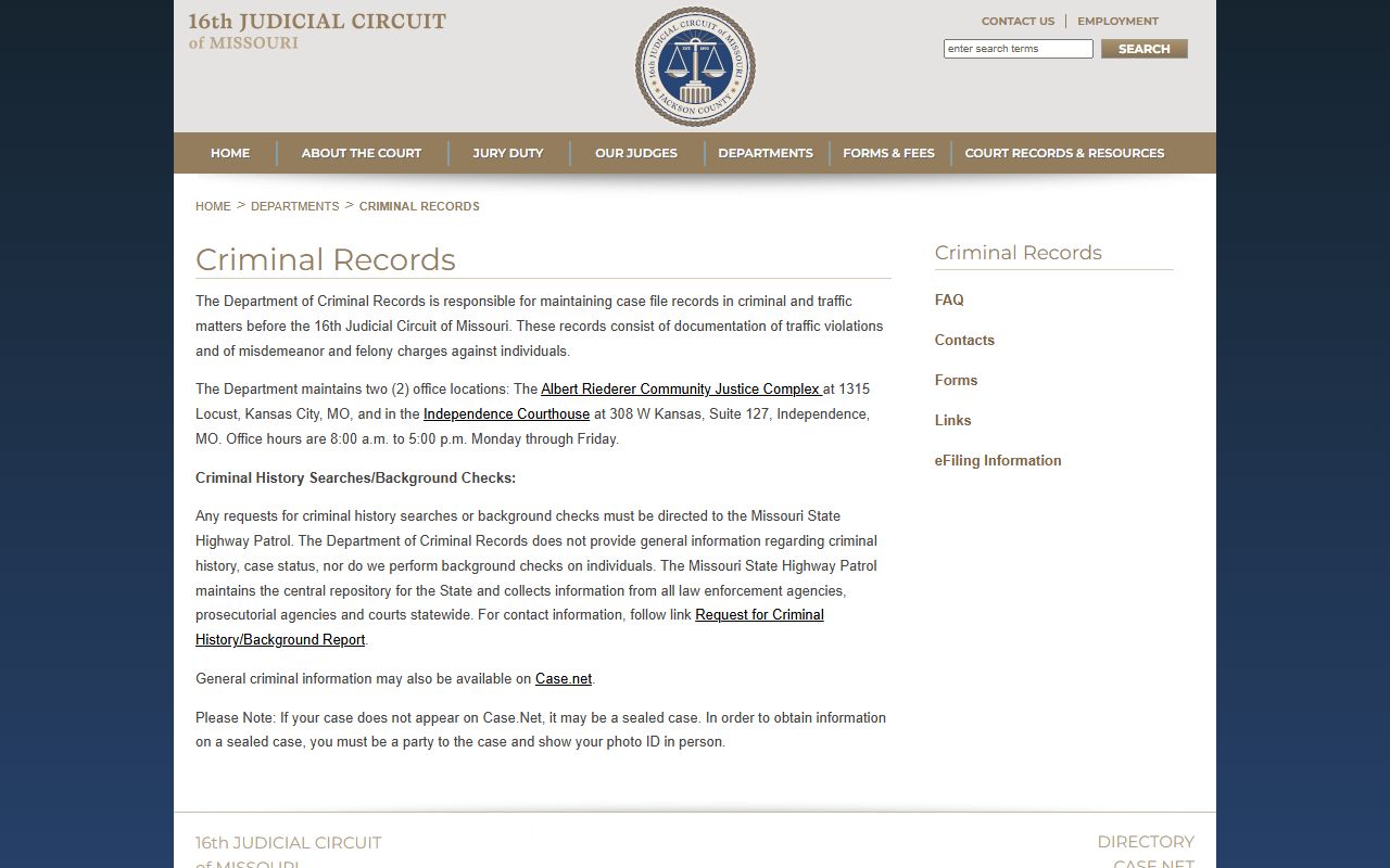 16th Circuit Court criminal records for Independence court docket