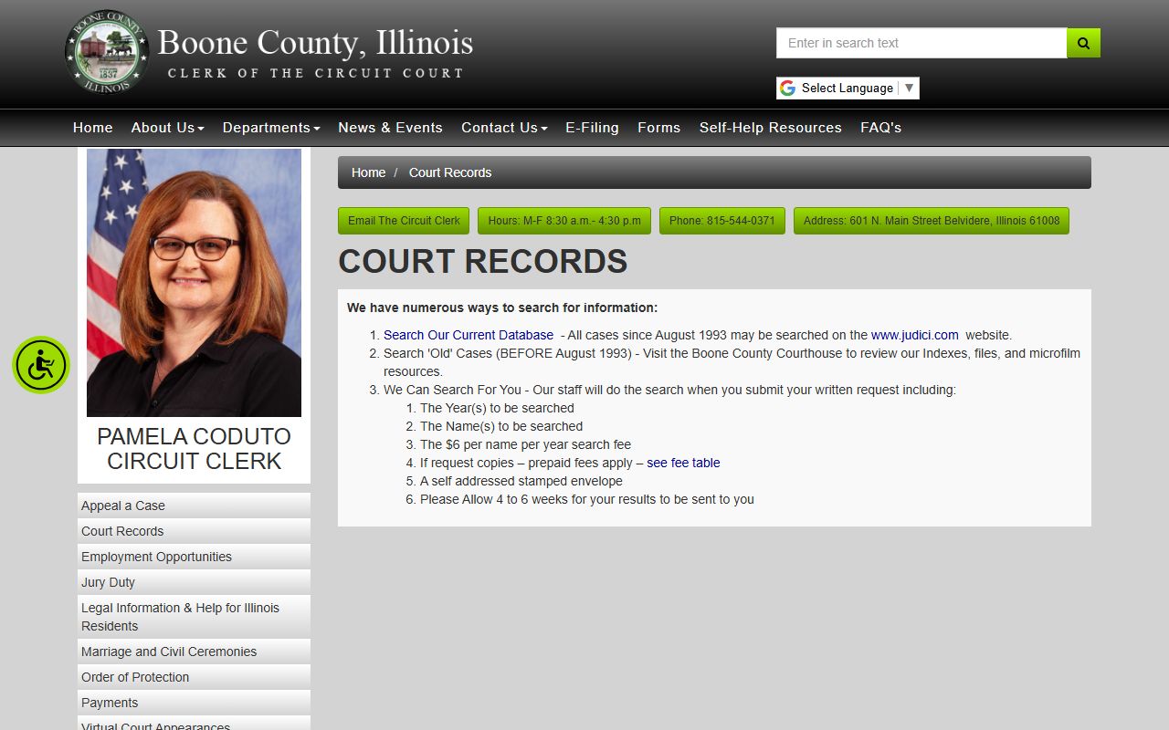 Boone County court records search page for court docket lookups