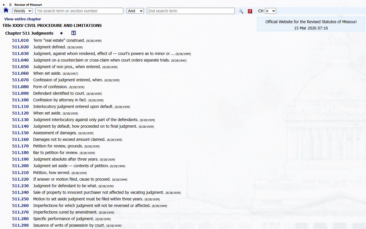 Missouri judgments statutes Chapter 511 for court docket records