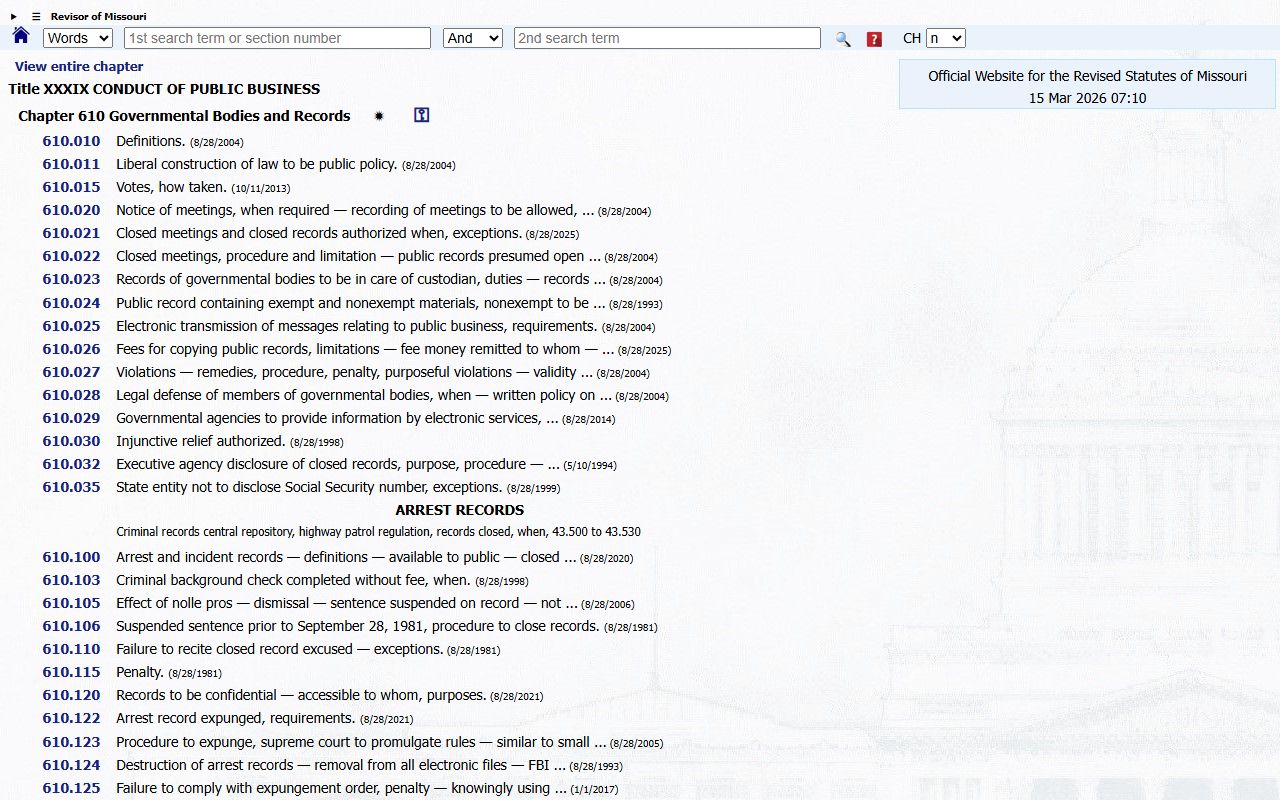 Missouri Sunshine Law Chapter 610 governing public access to court docket records